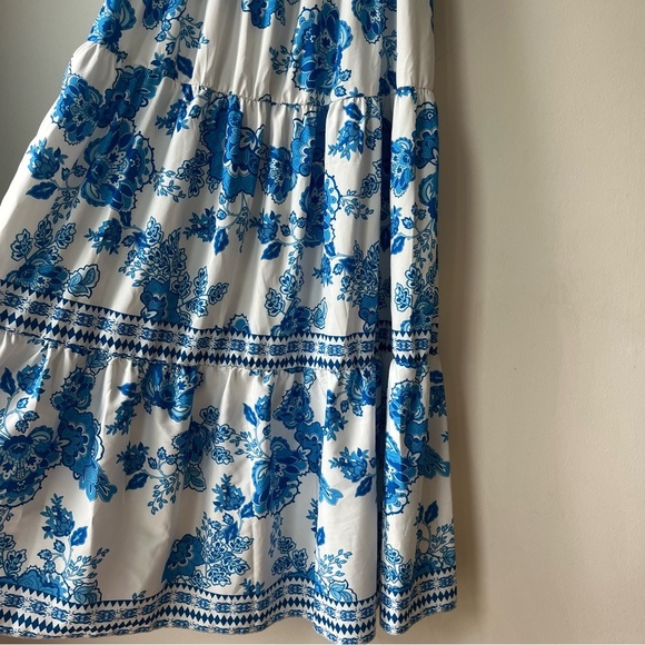 SHEIN Blue White Floral Off Shoulder Maxi Dress Size L Boho Tiered Ruffle Hem - Picture 5 of 11
